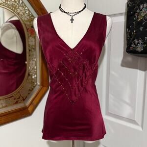 VTG Y2K Alfani Burgundy Red Silk Beaded Lace Vampy Dark Feminine Top 10/M